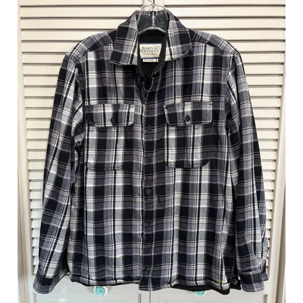 Boston Traders Blk/Gray Plaid Flannel Sherpa Lined Jacket Button Up Sz M Pockets